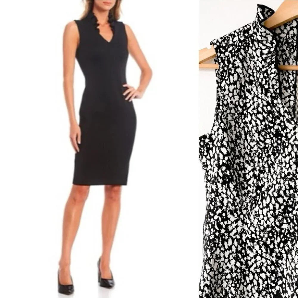 Calvin Klein Ruffle V Neck Sheath Dress Black White Dot Sz 8